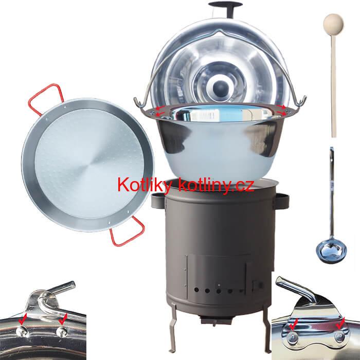 Nerezový kotlík 15 L (0,8 mm) zesílený s nýty + Paella pánev 38 cm + silnostěnná (1,5 mm) žáruvzdorná kotlina 36 PLUS 600