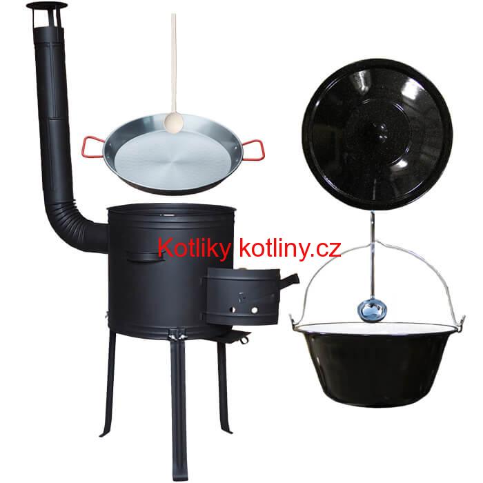 Smaltovaný kotlík 20 L + Paella pánev 46 cm + kovová kotlina s vysokými nožičkami 42 cm, žáruvzdorná barva Plus 700