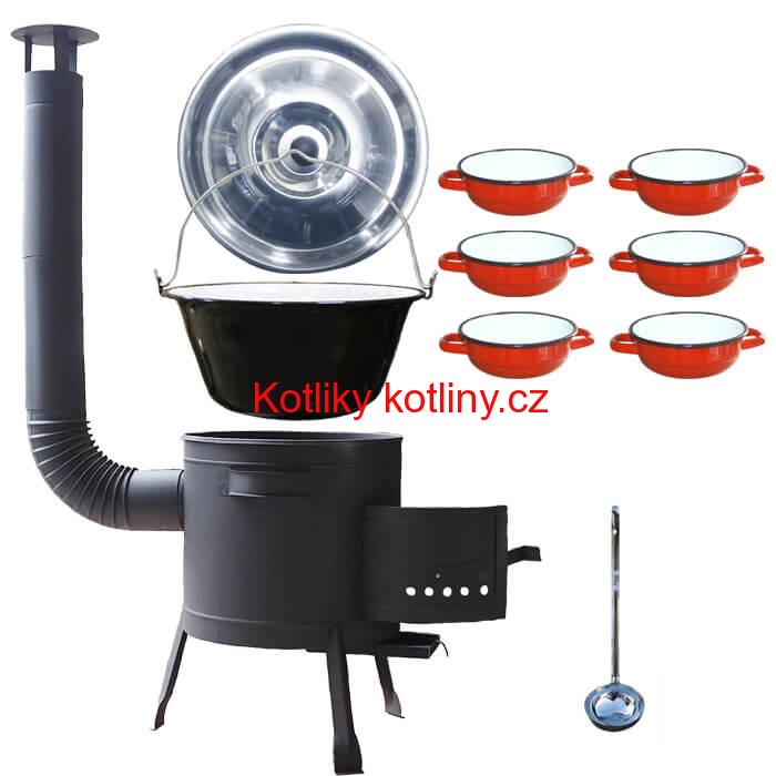 Smaltovaný kotlík 25 L + selské misky 6 ks + nízká žáruvzdorná kotlina 42 cm PLUS 600