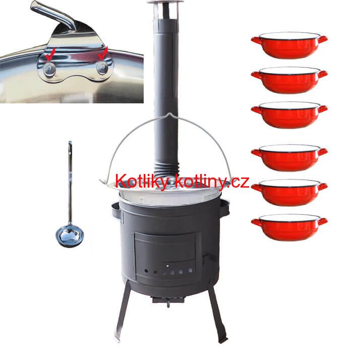 Nerezový kotlík 15 L (0,8 mm) s nýty INOX + selské misky 6 ks + nízká žáruvzdorná kotlina 36 cm PLUS 600