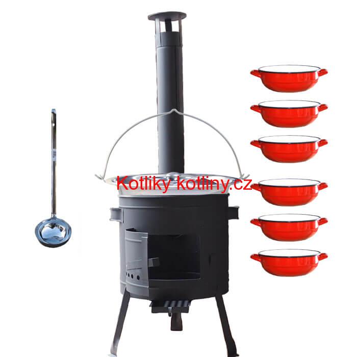 Nerezový kotlík 22 L (0,8 mm) INOX + selské misky 6 ks + nízká žáruvzdorná kotlina 42 cm PLUS 600
