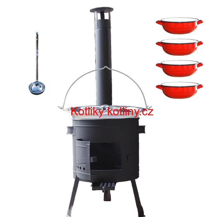 Nerezový kotlík 22 L (0,8 mm) INOX + selské misky 4 ks + nízká žáruvzdorná kotlina 42 cm PLUS 600