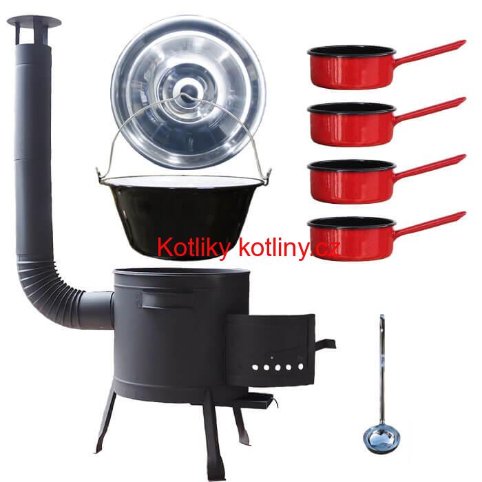 Smaltovaný kotlík 20 L + smaltovaný rendlík 4 ks + nízká žáruvzdorná kotlina 42 cm PLUS 600
