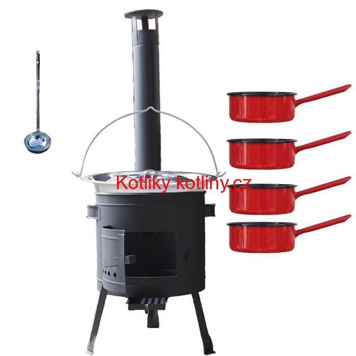 Nerezový kotlík 22 L (0,8 mm) INOX + smaltované rendlíky 4 ks + nízká žáruvzdorná kotlina 42 cm PLUS 600