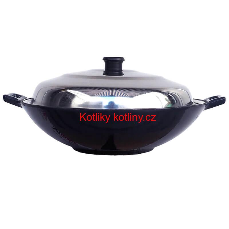 Litinový wok – smaltovaný povrch 37 cm + nerezová poklice