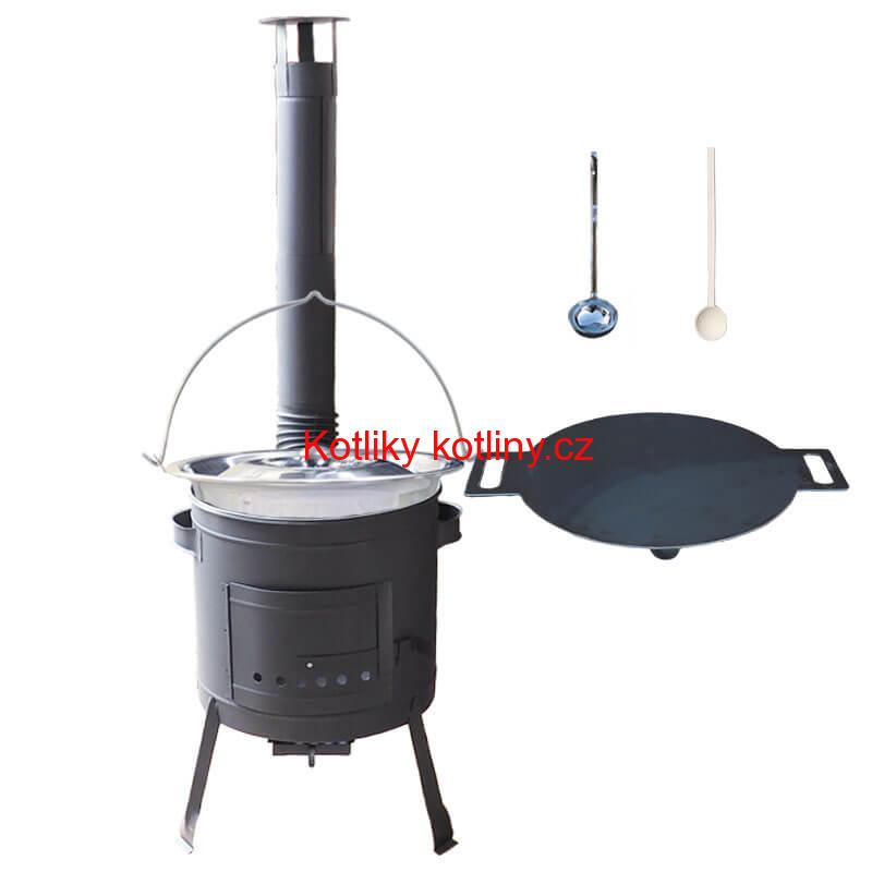 Nerezový kotlík 15 L (0,8 mm) s nýty + železná pánev 38 cm UNI + kotlina 36 cm PLUS 600