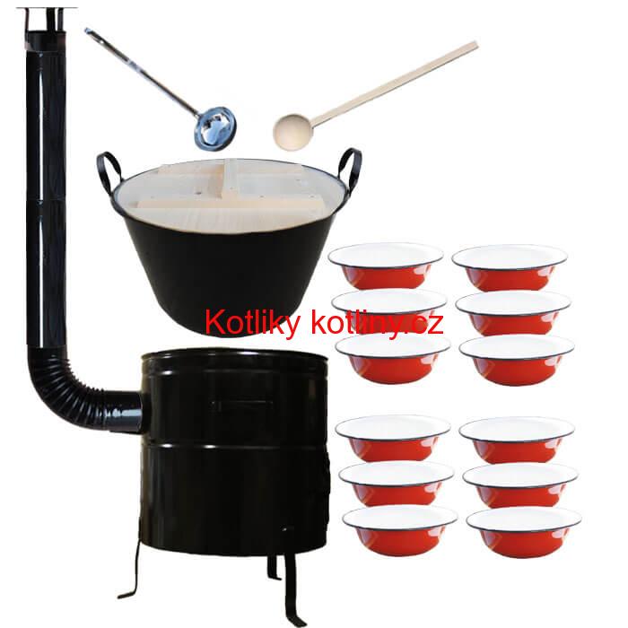 Smaltovaný kotel 100 L + smaltované talíře 12 ks vařečka a naběračka BIG PARTY