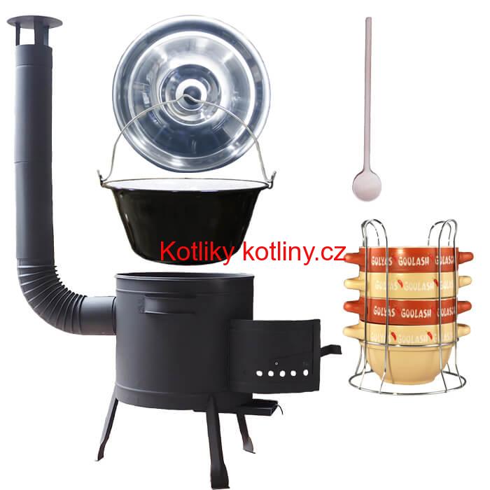 Smaltovaný kotlík 22 L (1,2 mm) + misky na guláš 4 ks + nízká žáruvzdorná kotlina 42 PLUS 600