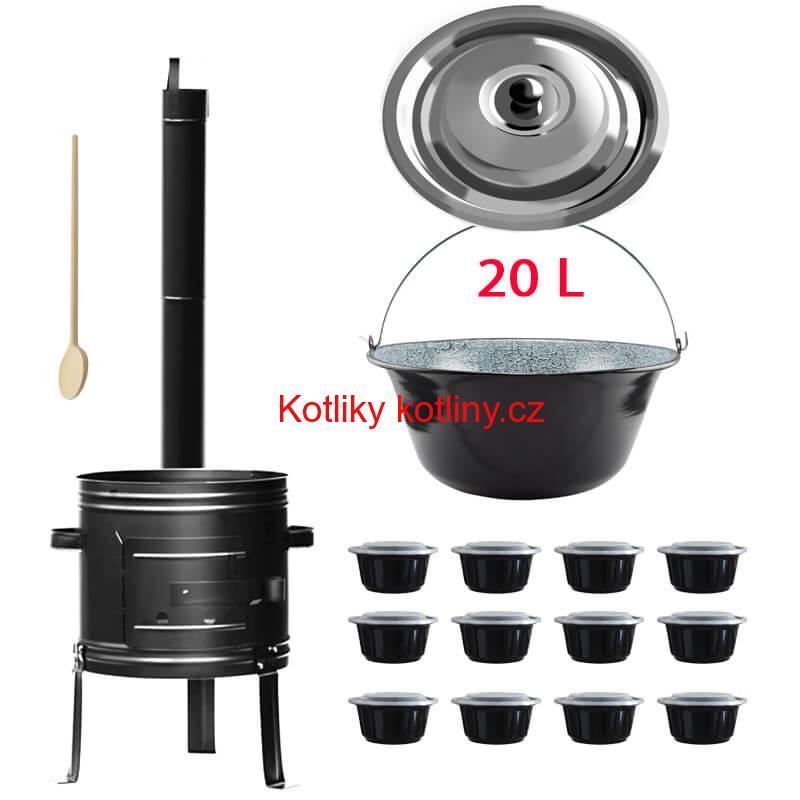 Smaltovaný kotlík 20 L (0,8 mm) + kovová kotlina 42 KOV + vařečka + misky 12 ks