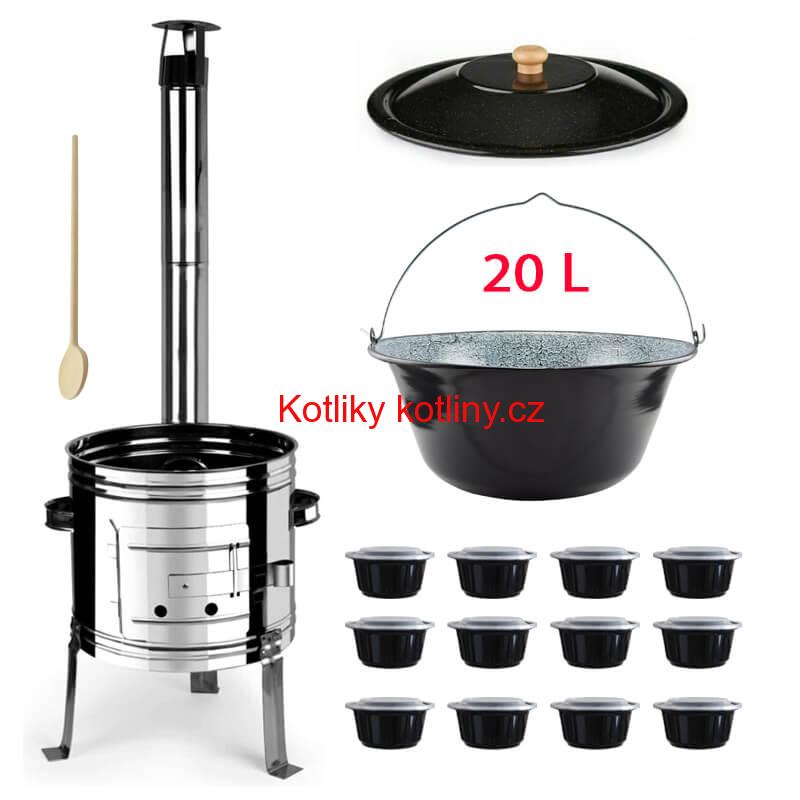 Smaltovaný kotlík 20 L + nerezová kotlina 42 INOX + vařečka + misky 12 ks