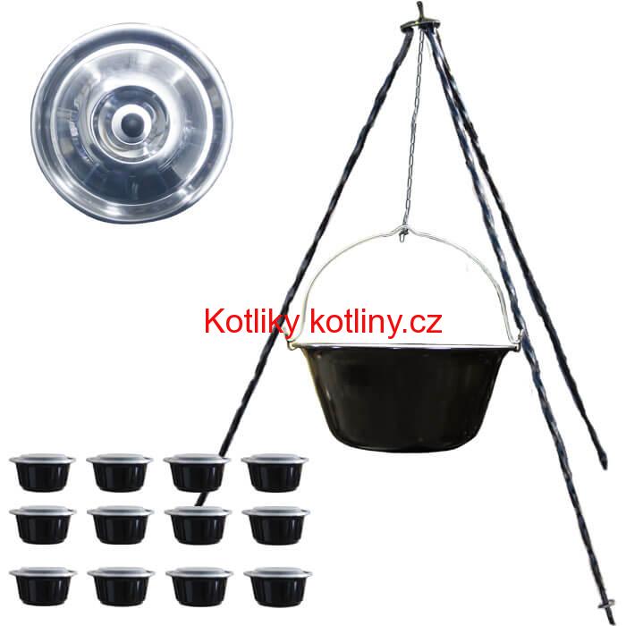 Smaltovaný kotlík 13 L (1,2 mm) + nerezová poklice + trojnožka 1,20 m + misky 12 ks