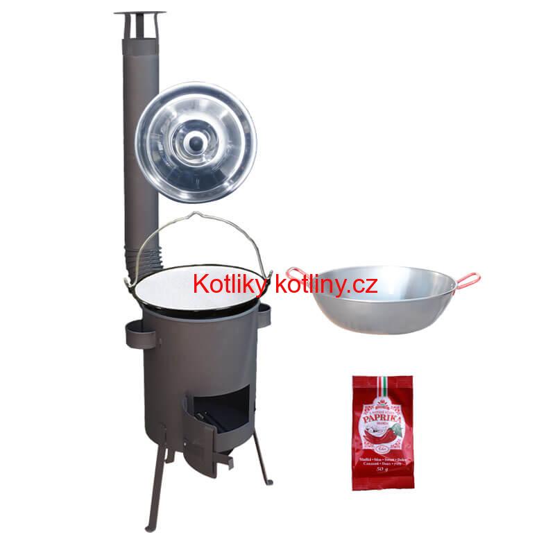 Smaltovaný kotlík 22 L + Pánev PAELLA (WOK) 45 cm + sladká paprika 50 g + žáruvzdorná kotlina 42 PLUS 600 s roštem na popel 4 mm