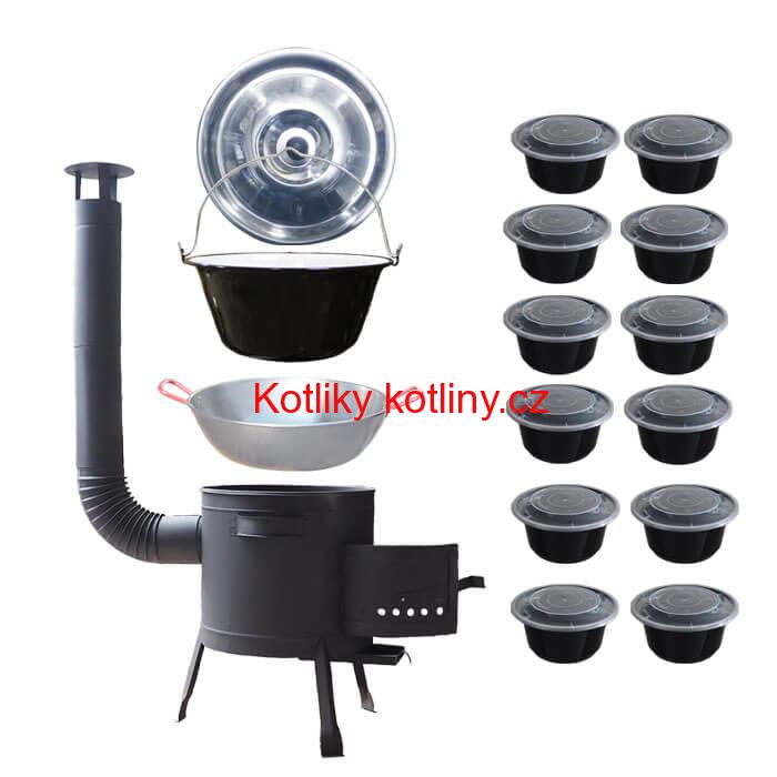 Smaltovaný kotlík 22 L + Pánev PAELLA (WOK) 45 cm + misky 12 ks + nízká kotlina 42 PLUS 600