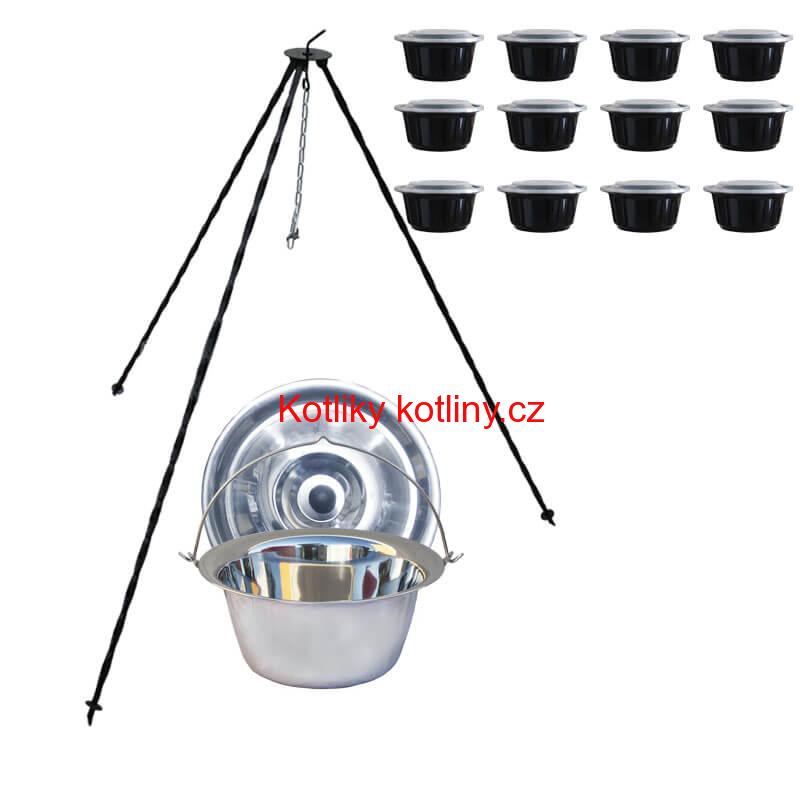 Nerezový kotlík 14 L (0,8 mm) INOX + poklice + trojnožka 1,20 m + misky 12 ks
