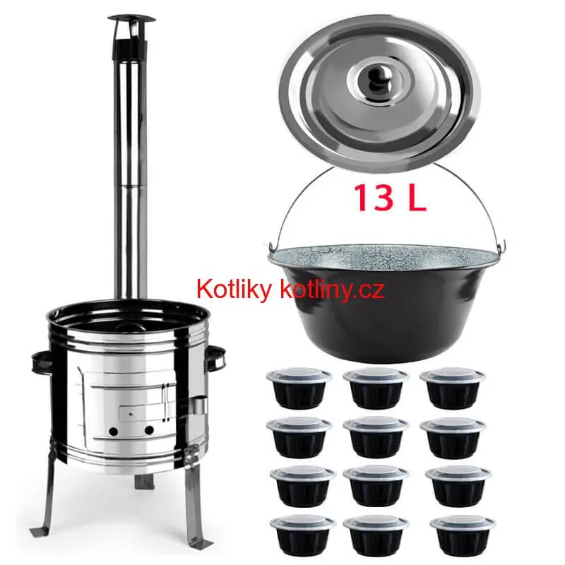 Smaltovaný kotlík 13 L + nerezová kotlina 36 INOX + misky 12 ks