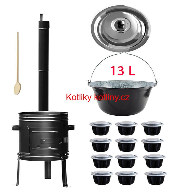 Smaltovaný kotlík 13 L + kovová kotlina 36 KOV + misky 12 ks