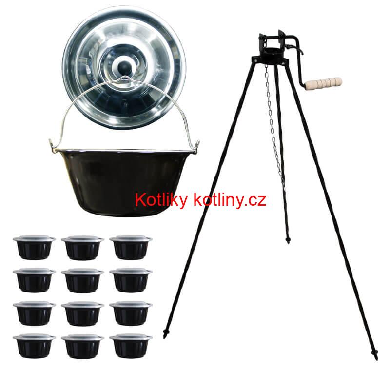Smaltovaný kotlík 20 L + stojan s kladkou VAR + misky 12 ks
