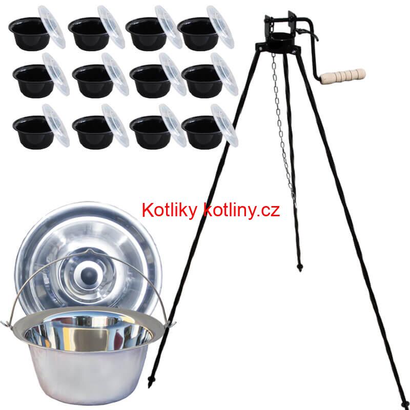 Nerezový kotlík 14 L (0,8 mm) INOX + stojan s kladkou VAR + misky 12 ks