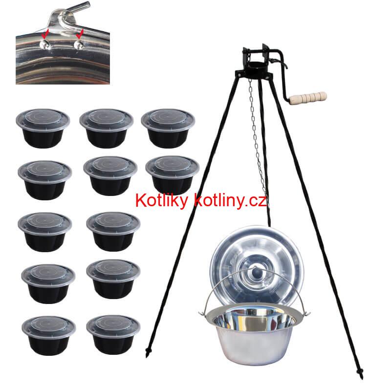 Nerezový kotlík 15 L (0,8 mm) s nýty + stojan s kladkou VAR + misky 12 ks