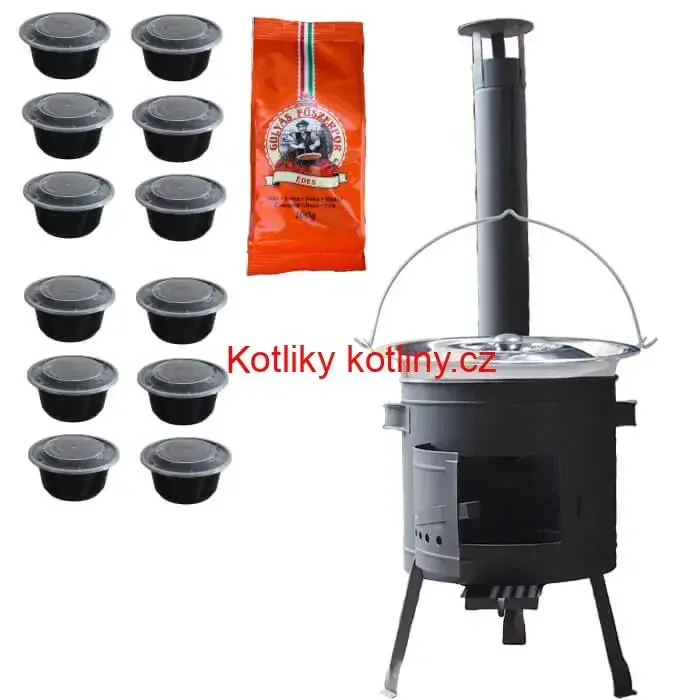 Nerezový kotlík 22 L (0,8 mm) INOX + silnostěnná (1,5 mm) žáruvzdorná kotlina BALKY STRONG 42 PLUS 600 + misky 12 ks + paprikové koření na guláš 100 g