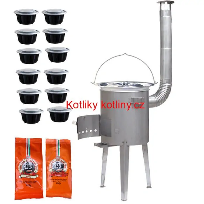 Nerezový kotlík 22 L (0,8 mm) INOX + nerezová kotlina 42 cm LUXUS + misky 12 ks + 2 x pepř na guláš 100 g