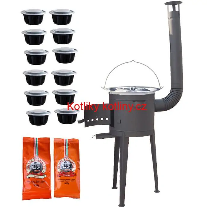Nerezový kotlík 22 L (0,8 mm) INOX + vysoká žáruvzdorná kotlina (2,0 mm) HODO 42 cm PLUS 600 + misky 12 ks + 2 x pepř na guláš 100 g
