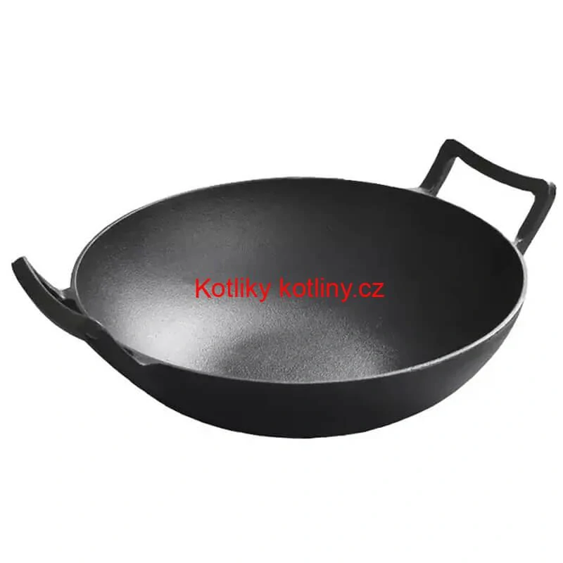 Litinový čínský wok 36,5 cm s dřevěnou poklicí
