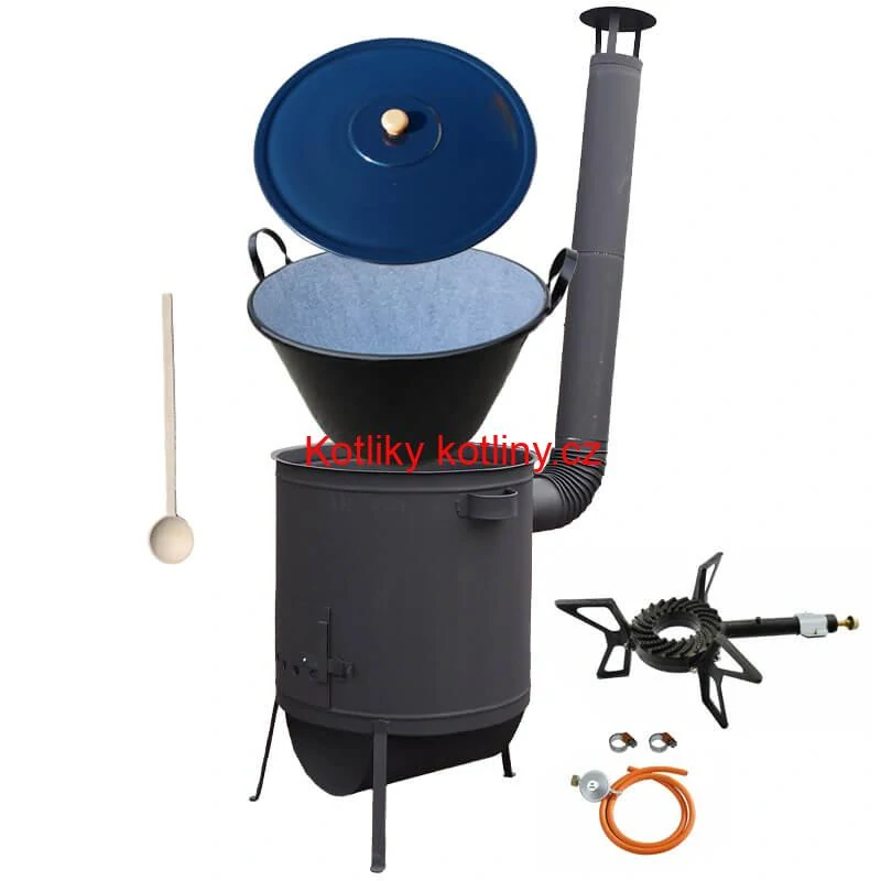 Smaltovaný kotel 60 L na zabijačku + žáruvzdorná kotlina 53 PLUS 600 4 MM + hořák 7,5 kW + vařečka