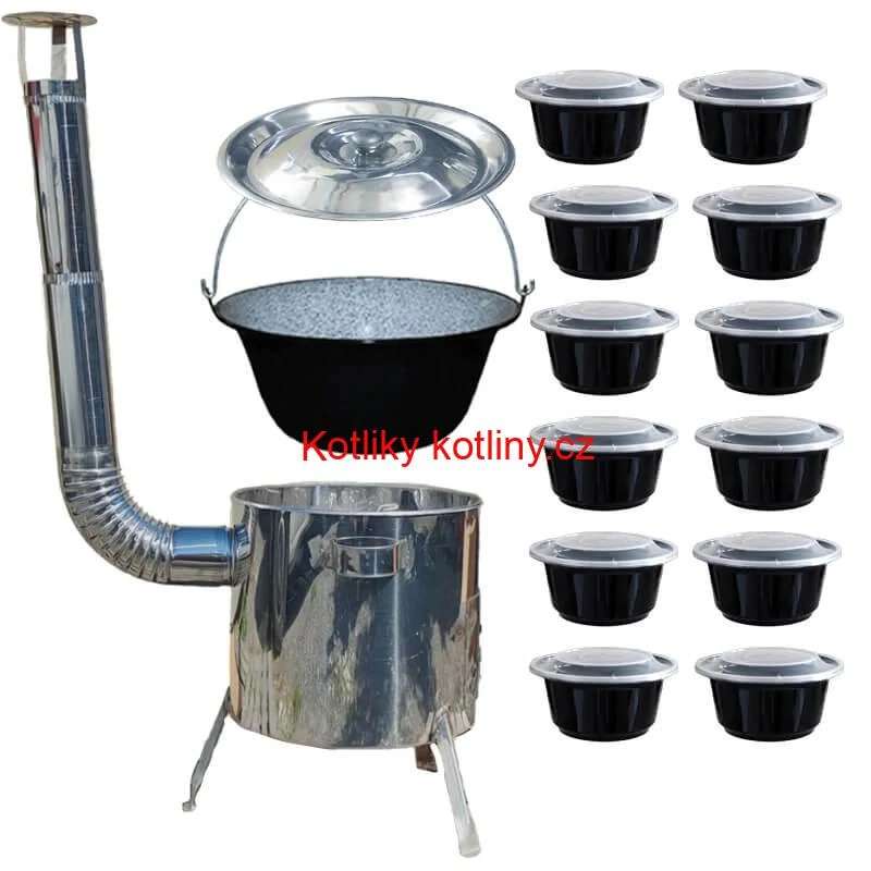 Smaltovaný kotlík 13 L + nerezová kotlina 36 INOX LUSTRO + misky 12 ks