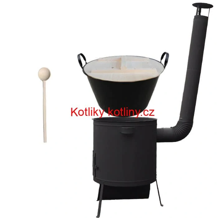 Zabijačkový smaltovaný kotel 100 L, žáruvzdorná kotlina 42 PLUS 600 4 MM, dřevěná poklice + vařečka