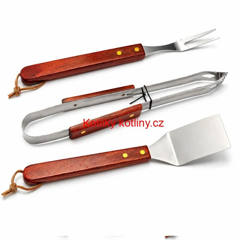 Grilovací nářadí BBQ – sada 3 ks, nerez a dřevo, 33 cm