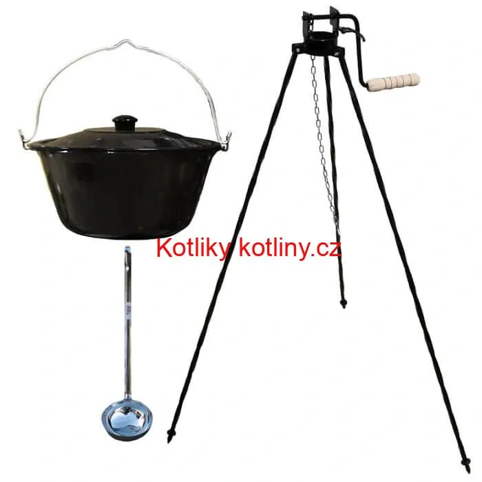 Smaltovaný kotlík 20 L + poklice + stojan s kladkou VAR