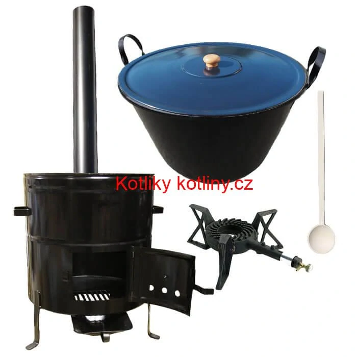 Zabijačkový smaltovaný kotel 60 L + kovová kotlina 53 cm + hořák 7 kW + kouřovod