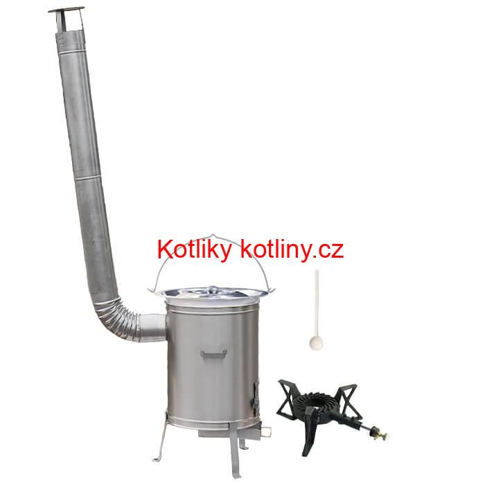Nerezový kotlík 15 L (1,2 mm) + nerezová kotlina 36 cm + litinový hořák 7 kW, vařečka LUX