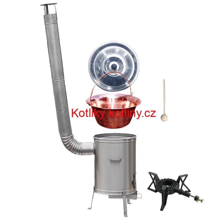 Měděný kotlík 14 L (1,2 mm) + nerezová kotlina 36 cm + litinový hořák 7 kW, vařečka LUX