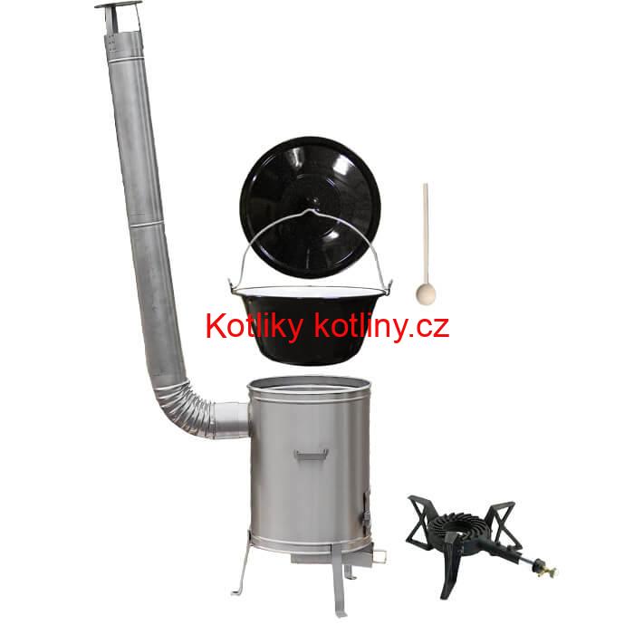 Smaltovaný kotlík 20 L (1,2 mm) + nerezová kotlina 42 cm + litinový hořák 7 kW, vařečka LUX