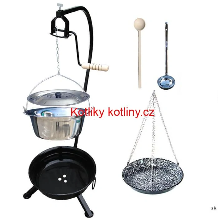 Nerezový kotlík 14 L (0,8 mm) INOX + smaltovaná pánev + ohniště se stojanem as pojistnou kladkou VAR