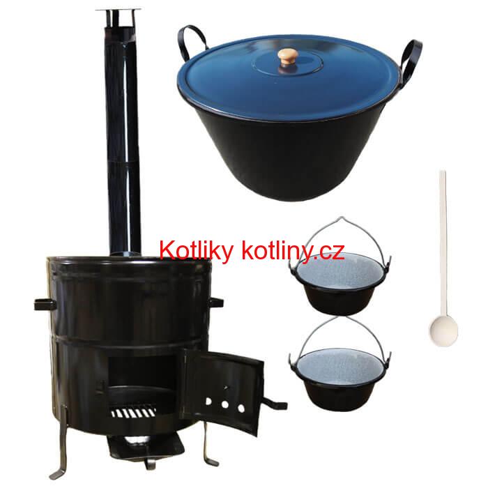 Zabijačkový smaltovaný kotel 50 L + kovová kotlina 50 cm + 2 servírovací kotlíky a kouřovod