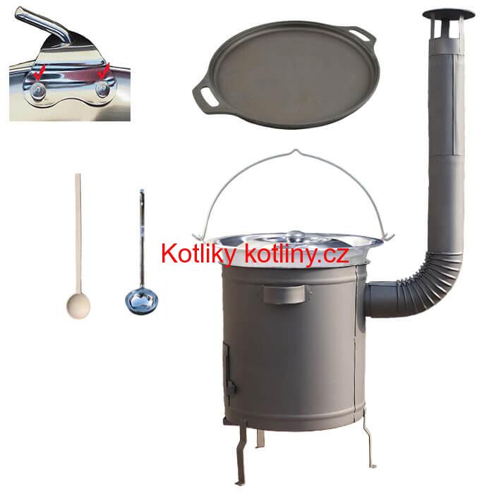 Nerezový kotlík 20 L (0,8 mm) zesílený s nýty + Litinová pánev 43 cm + silnostěnná (1,5 mm) a žáruvzdorná kotlina 42 PLUS 600