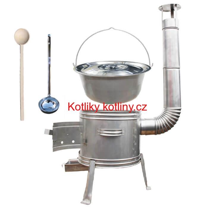 Železný kotlík 30 L (0,75 mm) + nerezová kotlina 45 cm + vařečka a naběračka TOPLUX