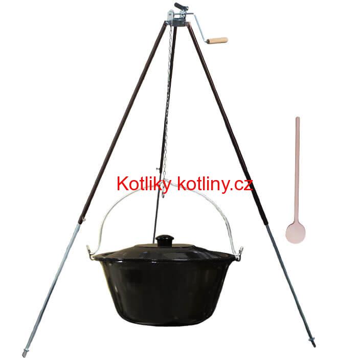 Smaltovaný kotlík 25 L (1,2 mm) + teleskopická trojnožka s pojistnou kladkou + poklice