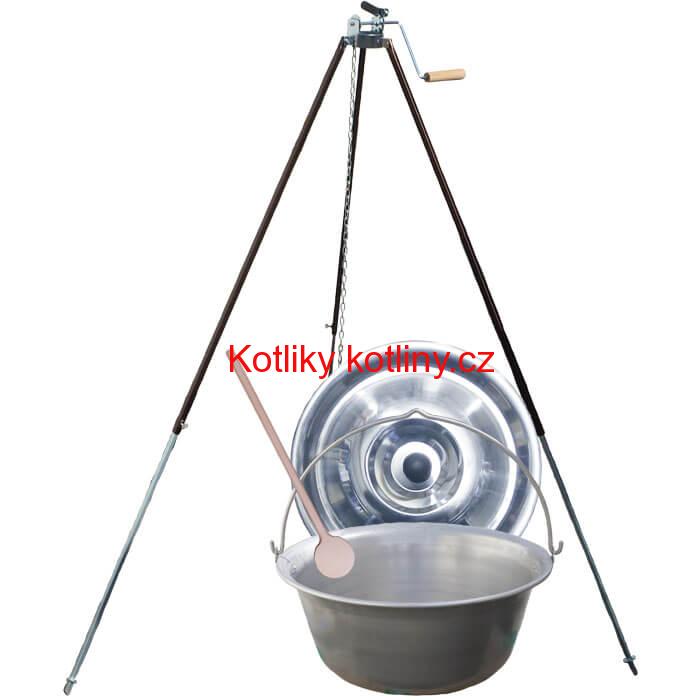 Nerezový kotlík 15 L (1,5 mm) + teleskopická trojnožka s pojistnou kladkou + poklice