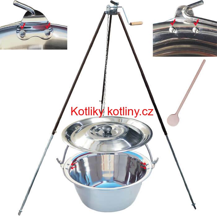 Nerezový kotlík 15 L (0,8 mm) s nýty + teleskopická trojnožka s pojistnou kladkou + poklice