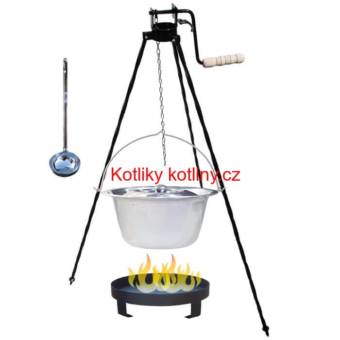 Nerezový kotlík 14 L (0,8 mm) + Ohniště + stojan s kladkou VAR