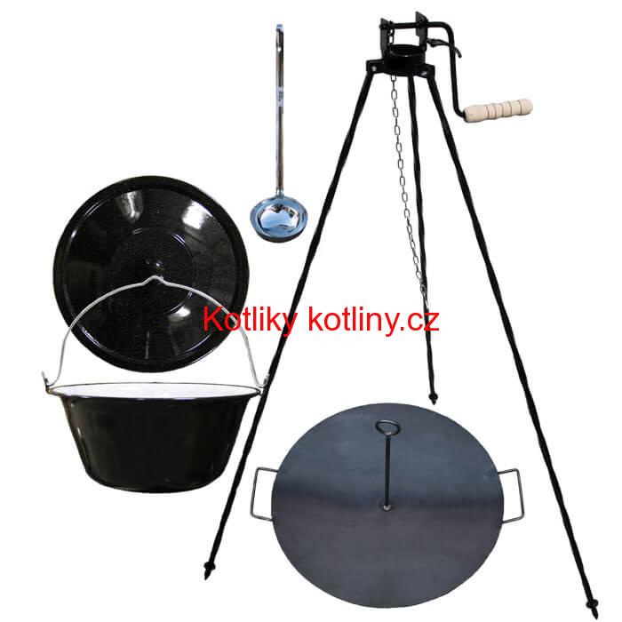 Smaltovaný kotlík 20 L (1,2 mm) + pánev na grilování a stojan s kladkou VAR