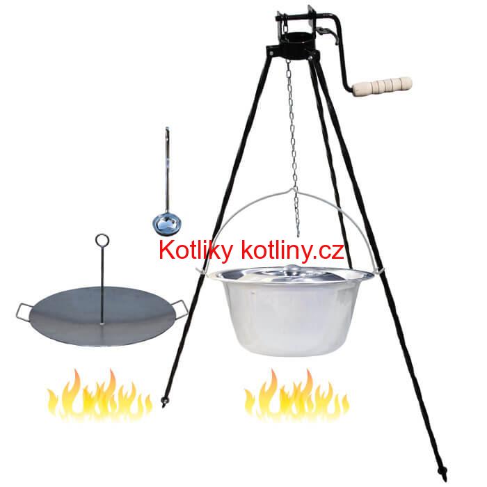 Nerezový kotlík 22 L (0,8 mm) + pánev na grilování a stojan s kladkou VAR