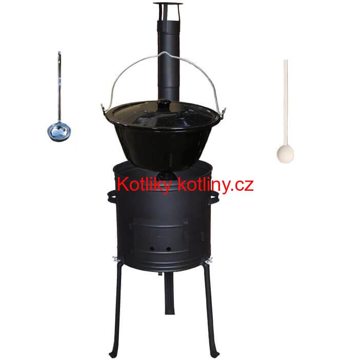 Smaltovaný kotlík 30 L (1,2 mm) + kovová kotlina s vysokými nožičkami 42 cm + vařečka a naběračka