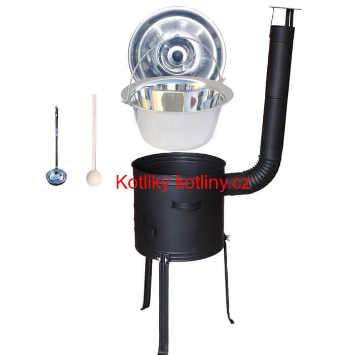 Nerezový kotlík 15 L (1,2 mm) + kovová kotlina s vysokými nožičkami 36 cm, žáruvzdorná barva Plus 700 + vařečka a naběračka