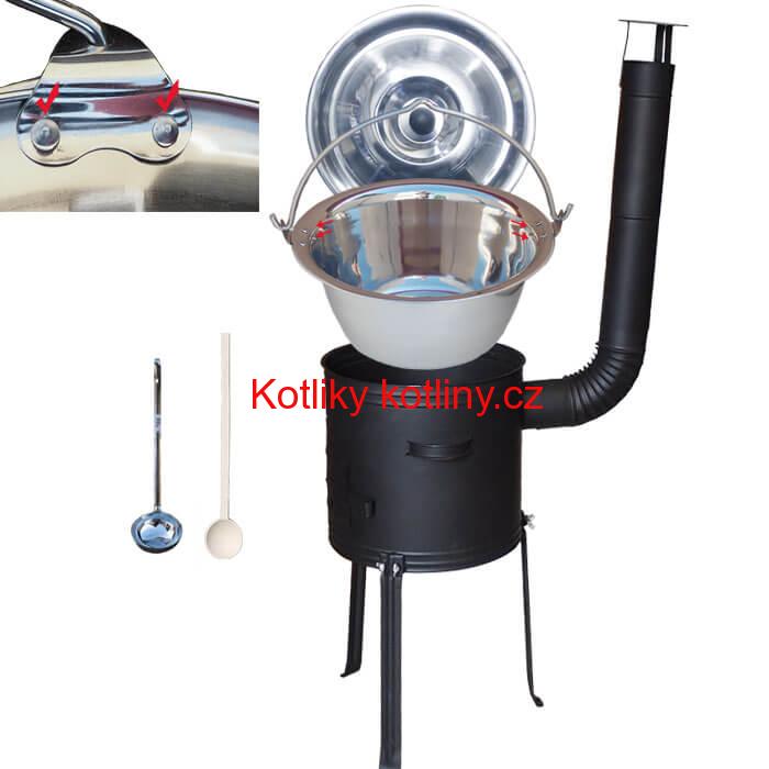 Nerezový kotlík 15 L (0,8 mm) zesílený s nýty + kovová kotlina s vysokými nožičkami 36 cm, žáruvzdorná barva Plus 700 + vařečka a naběračka