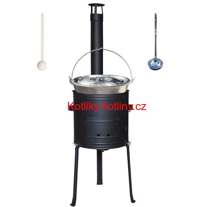 Nerezový kotlík 20 L (1,5 mm) + kovová kotlina s vysokými nožičkami 42 cm , žáruvzdorná barva Plus 700 + vařečka a naběračka